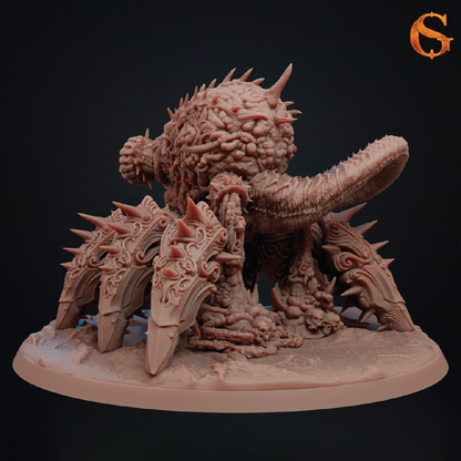 A detailed fantasy miniature figurine of a spiky, fleshy monster on a round base, shown against a dark studio background with a stylized logo in the top right corner.