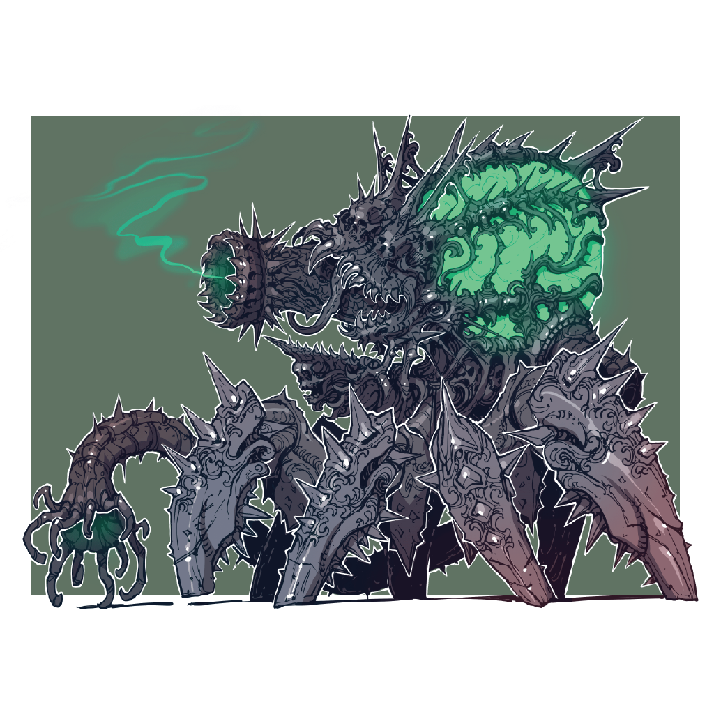 Fantasy creature illustration featuring a large spiky monster with a glowing green brain-like core, smaller armored limbs, and a green mist plume, shown on a white background with a muted green-gray artwork panel behind it.