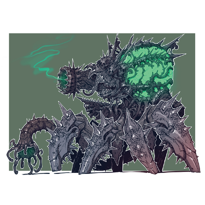 Fantasy creature illustration featuring a large spiky monster with a glowing green brain-like core, smaller armored limbs, and a green mist plume, shown on a white background with a muted green-gray artwork panel behind it.
