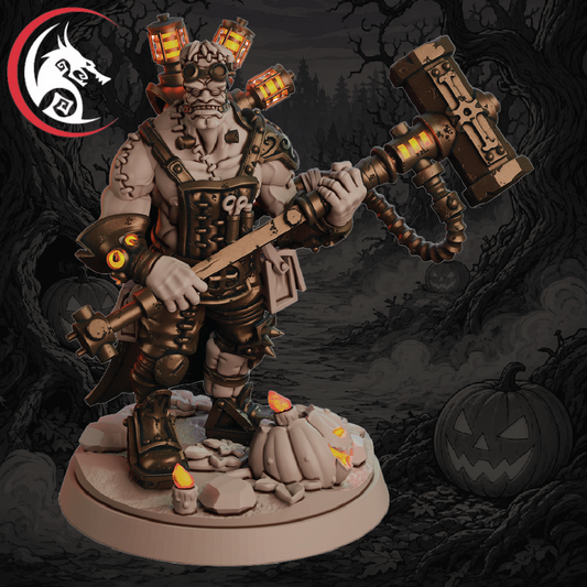 A fantasy miniature figurine of a skeletal monster wearing goggles and holding a large sledgehammer, displayed on a themed base with pumpkins and candles, against a dark spooky forest background. A wolf-head logo is visible in the top-left corner.