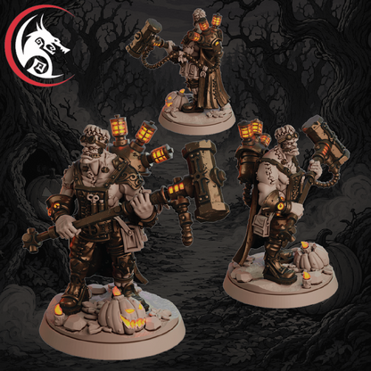 Three painted fantasy warrior miniatures with oversized maces and glowing orange lanterns, standing on round bases in a dark forest setting. A red and black logo appears in the top-left corner.