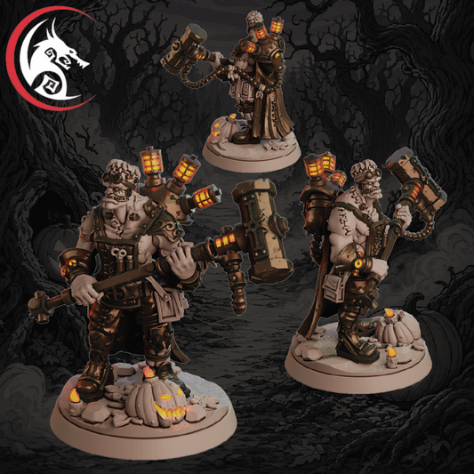 Three painted fantasy warrior miniatures with oversized maces and glowing orange lanterns, standing on round bases in a dark forest setting. A red and black logo appears in the top-left corner.