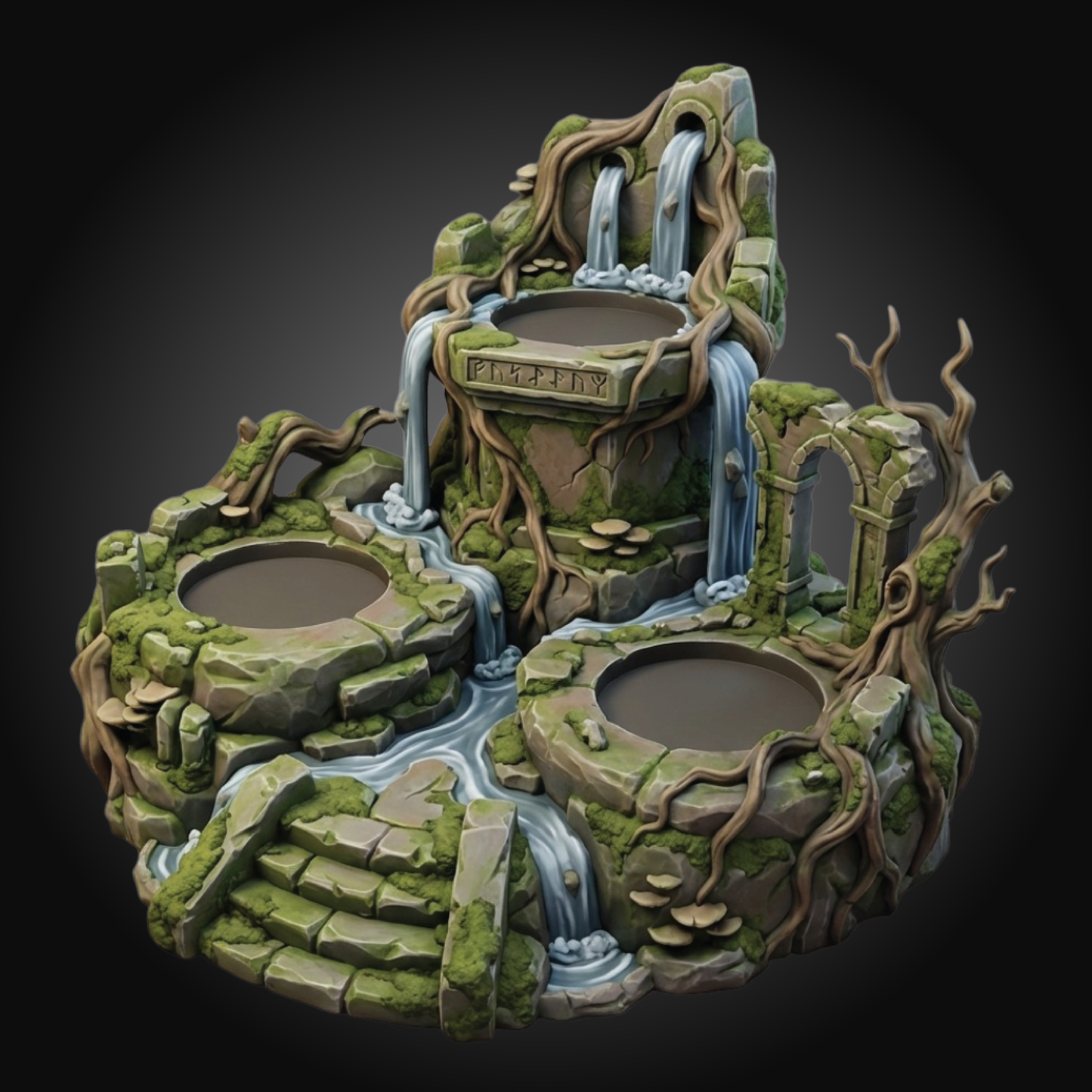 A fantasy miniature fountain or decorative sculpture featuring three tiers of cascading waterfalls, mossy stone walls, tree roots, mushrooms, and circular pools, shown on a dark gradient background.