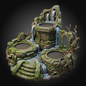 A fantasy miniature fountain or decorative sculpture featuring three tiers of cascading waterfalls, mossy stone walls, tree roots, mushrooms, and circular pools, shown on a dark gradient background.