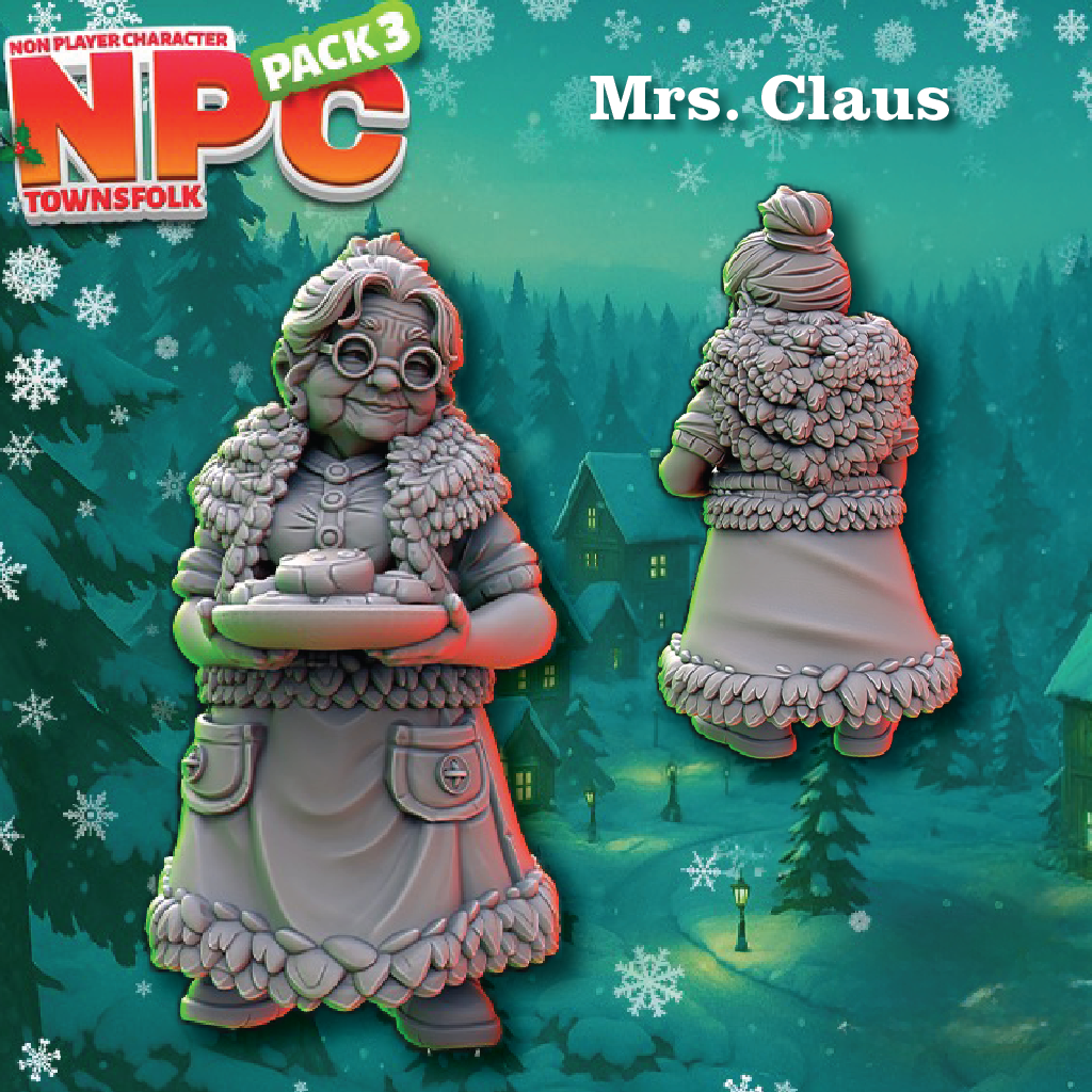 A 3D-rendered product preview for an NPC character named Mrs. Claus from the 'NPC Townsfolk Pack 3'.