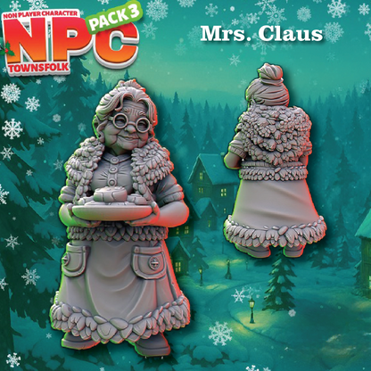 A 3D-rendered product preview for an NPC character named Mrs. Claus from the 'NPC Townsfolk Pack 3'.