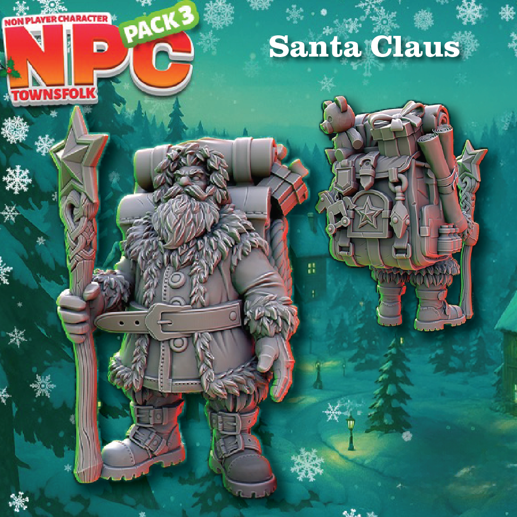 A product display for a tabletop gaming miniature, showing a Santa Claus NPC figure holding a staff and a detailed backpack, set against a festive snowy forest background with the text 'NPC CHARACTER PACK 3' and 'Santa Claus'.