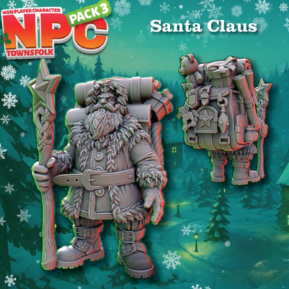 A product display for a tabletop gaming miniature, showing a Santa Claus NPC figure holding a staff and a detailed backpack, set against a festive snowy forest background with the text 'NPC CHARACTER PACK 3' and 'Santa Claus'.