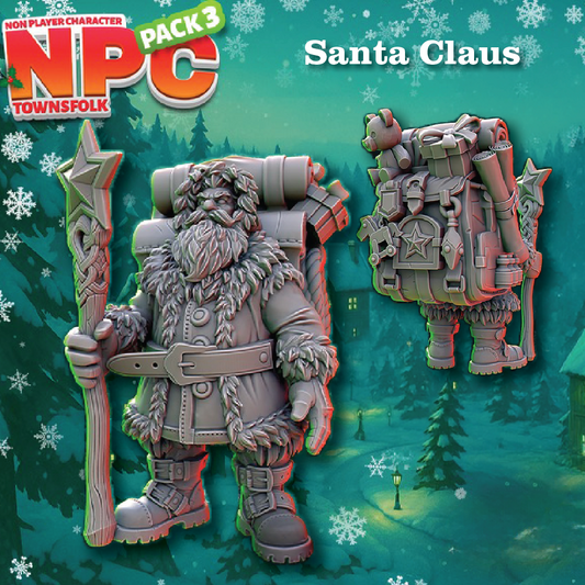 A product display for a tabletop gaming miniature, showing a Santa Claus NPC figure holding a staff and a detailed backpack, set against a festive snowy forest background with the text 'NPC CHARACTER PACK 3' and 'Santa Claus'.