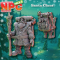 A product display for a tabletop gaming miniature, showing a Santa Claus NPC figure holding a staff and a detailed backpack, set against a festive snowy forest background with the text 'NPC CHARACTER PACK 3' and 'Santa Claus'.