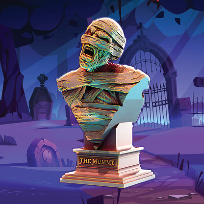 A stylized bust sculpture of a mummy wrapped in bandages, mounted on a pedestal with the words 'THE MUMMY' on the front, set against a dark illustrated graveyard background.