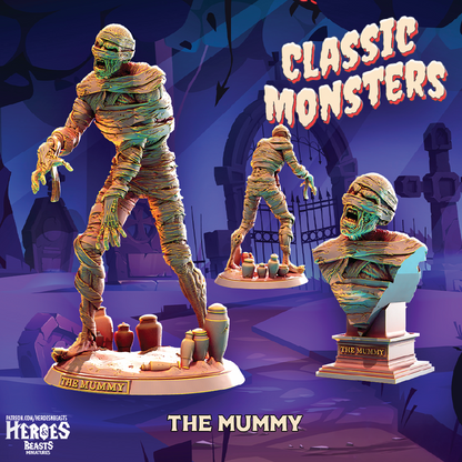 Halloween collectible statue set featuring a mummy figure and matching bust on a purple graveyard background. The set includes a full-body mummy figure on a base with small bottles, a smaller mummy figure in the distance, and a mummy bust on a pedestal.