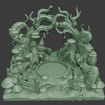 Green 3D model of a fantasy scene with trees, mushrooms, and creatures on a dark background
