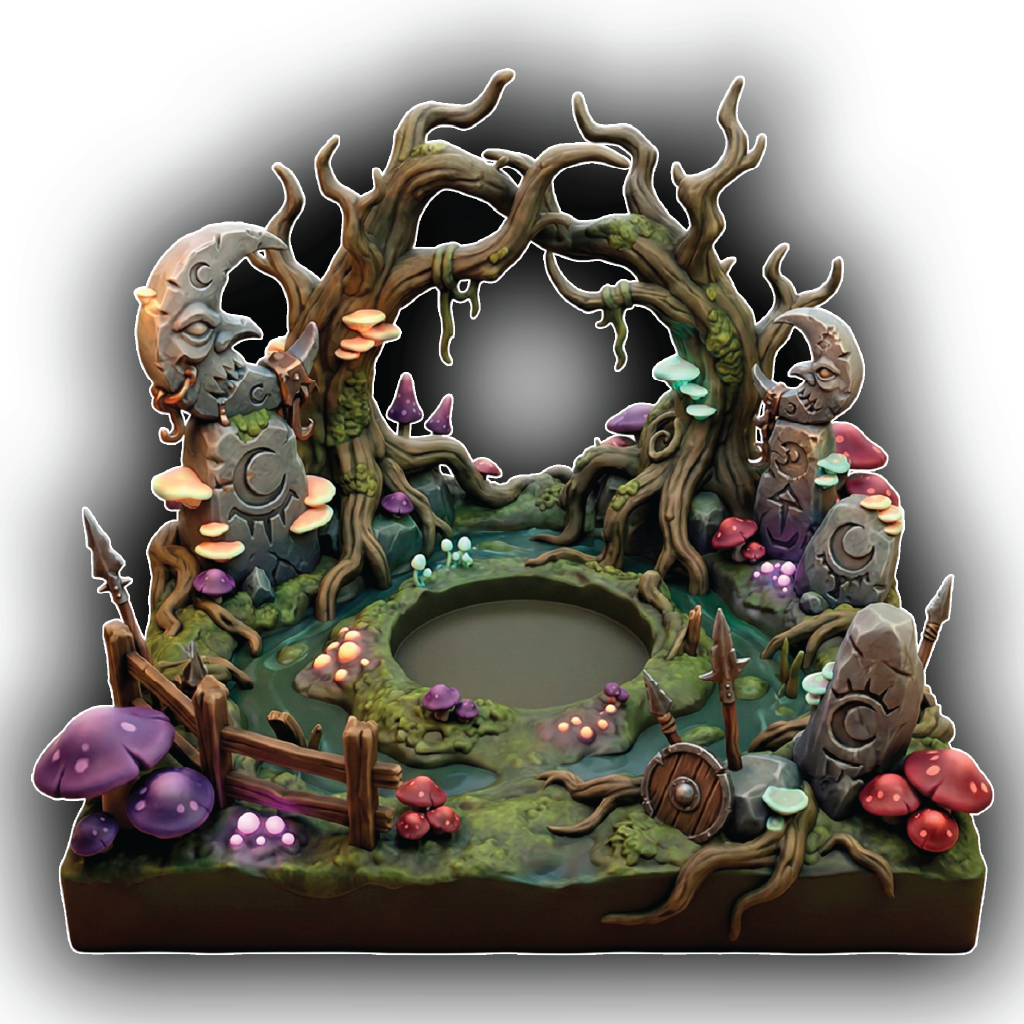 Fairy garden scene with trees, mushrooms, and stones on a white background