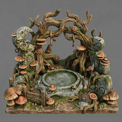 Fairy garden scene with miniature trees, mushrooms, and a pond on a gray background