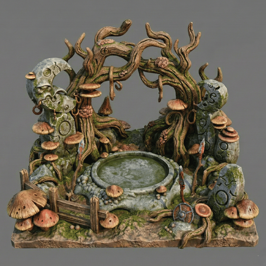 Fairy garden scene with miniature trees, mushrooms, and a pond on a gray background
