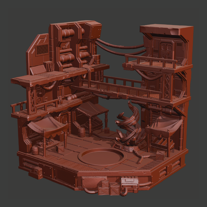 A 3D-rendered sci-fi interior or modular structure in a uniform reddish-brown color, shown isolated on a dark gray background. The scene includes multiple levels, walkways, panels, and small furnishings, with no people, animals, or real environment visible.