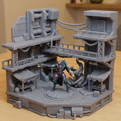 A gray unpainted resin miniature playset of a sci-fi industrial building, featuring a small armored figure with purple and teal armor standing in the center, photographed on a wooden tabletop.