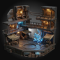 A detailed miniature sci-fi structure model, featuring a multi-level industrial building with glowing blue energy effects, warm yellow lights, and dark metallic panels, set against a dark gradient background.