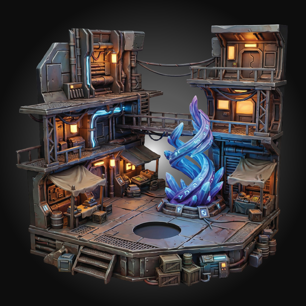 A highly detailed sci-fi miniature diorama set featuring a multi-level industrial building with glowing blue and orange lights, market stalls, and a central glowing blue crystal structure, shown on a dark background.