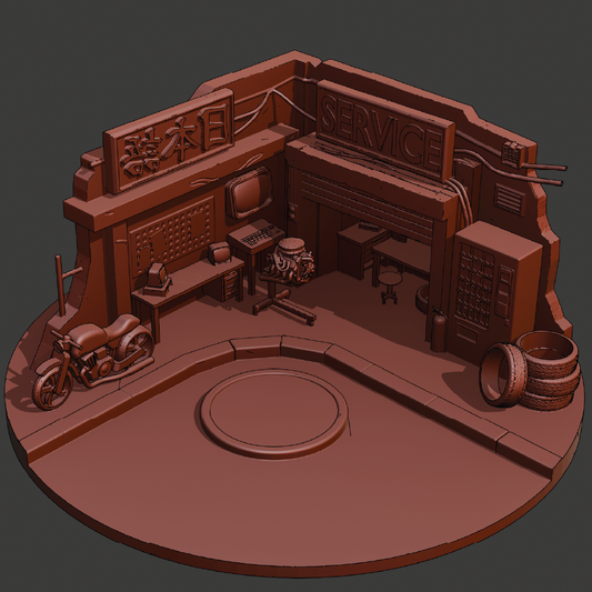 A 3D-rendered miniature diorama of a retro sci-fi garage or service station, shown in a uniform dark brown color. The scene includes a motorcycle on the left, a central service bay with a computer and engine, a control panel, and stacked tires on the right, all mounted on a circular base against a dark gray background.