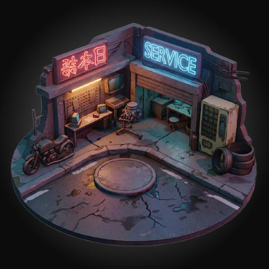 A stylized miniature diorama of a retro sci-fi service garage on a circular base, featuring a motorcycle, workbench, neon signs, vending machine, and tires, set against a dark background.