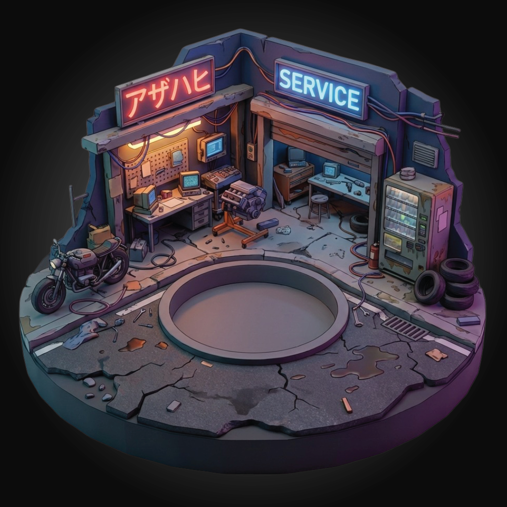 A stylized isometric miniature diorama of a sci-fi service garage, featuring a motorcycle, workbenches, neon signs in Japanese and English, a vending machine, tires, and a circular pit in the center, set against a dark background.