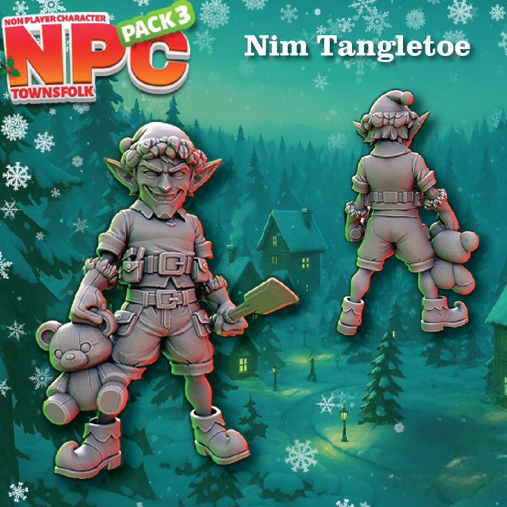 Digital product preview for a 3D printable NPC character pack, showing the front and back views of 'Nim Tangletoe' from Townsfolk. The character is a green-skinned elf with messy hair, wearing a gray winter outfit and holding a teddy bear, set against a snowy winter forest background.