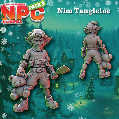 Digital product preview for a 3D printable NPC character pack, showing the front and back views of 'Nim Tangletoe' from Townsfolk. The character is a green-skinned elf with messy hair, wearing a gray winter outfit and holding a teddy bear, set against a snowy winter forest background.