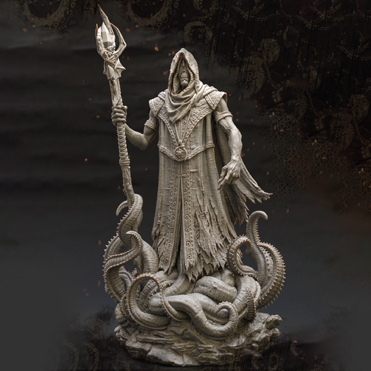 Statue of a figure with tentacles and a staff on a dark background