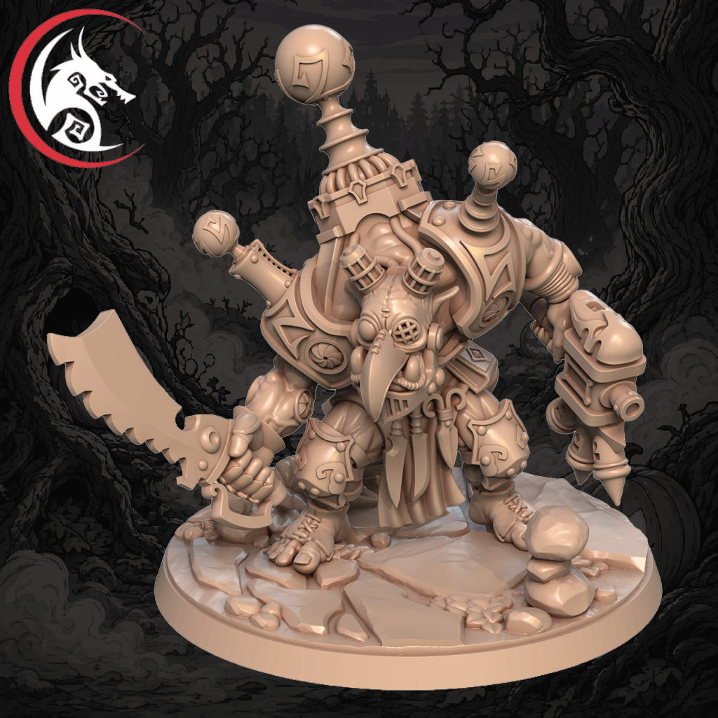 A 3D-rendered unpainted fantasy miniature of a heavily armored robotic or mechanical goblin-like figure with a large curved blade, standing on a round base against a dark illustrated forest background. A red-and-white dragon-head logo appears in the top-left corner.