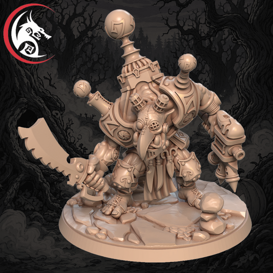 A 3D-rendered unpainted fantasy miniature of a heavily armored robotic or mechanical goblin-like figure with a large curved blade, standing on a round base against a dark illustrated forest background. A red-and-white dragon-head logo appears in the top-left corner.