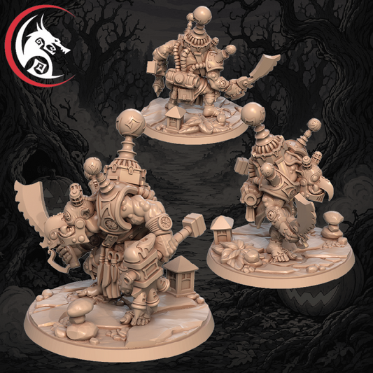 Three unpainted fantasy miniature figures of robotic goblin warriors on round bases, shown against a dark illustrated forest background with a red and white logo in the top-left corner.