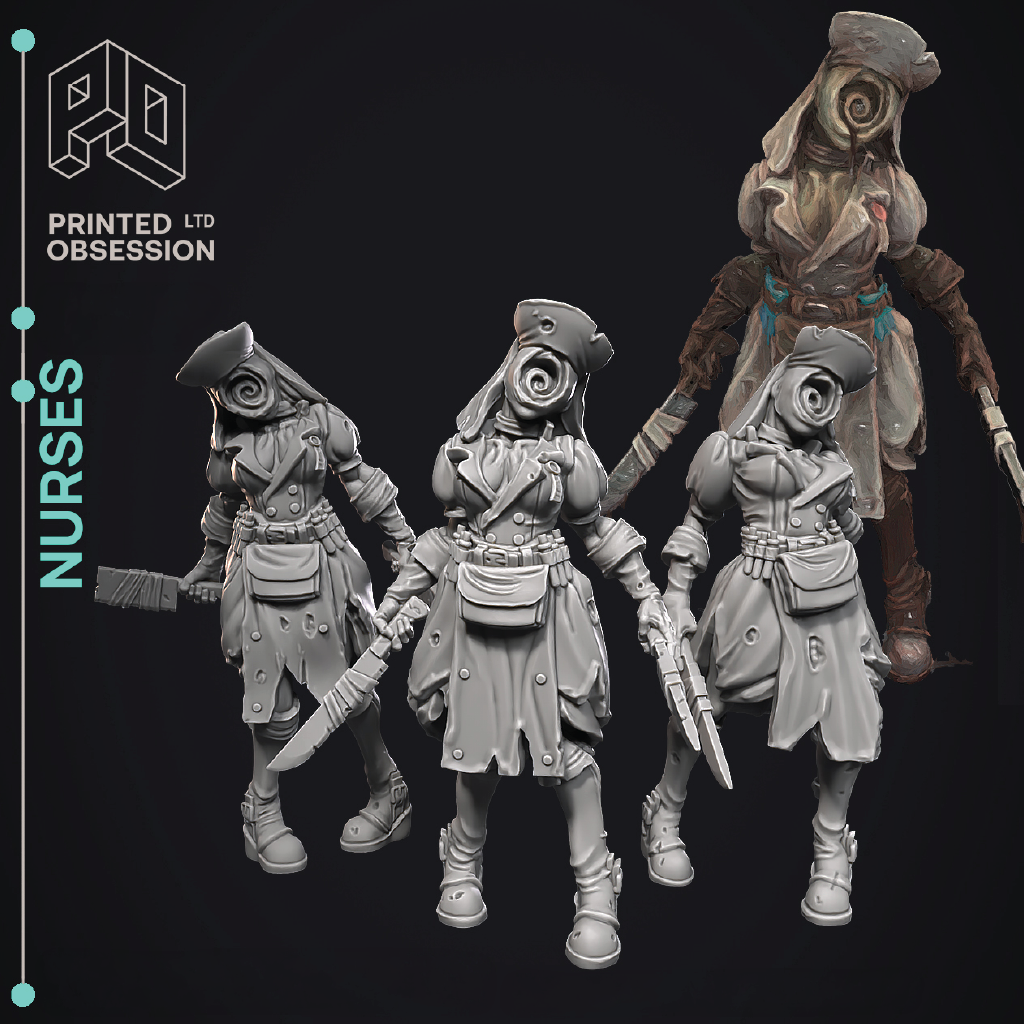 Four nurse figurines with a dark background and 'Printed Obsession' branding.