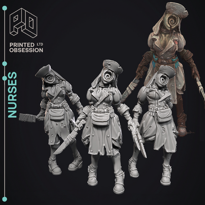 Four nurse figurines with a dark background and 'Printed Obsession' branding.
