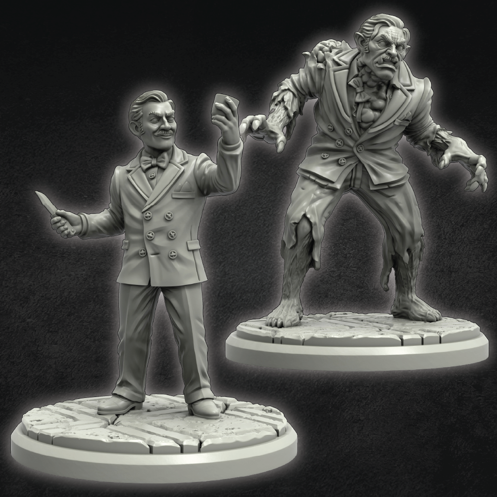 Two miniature figures on round bases against a dark background