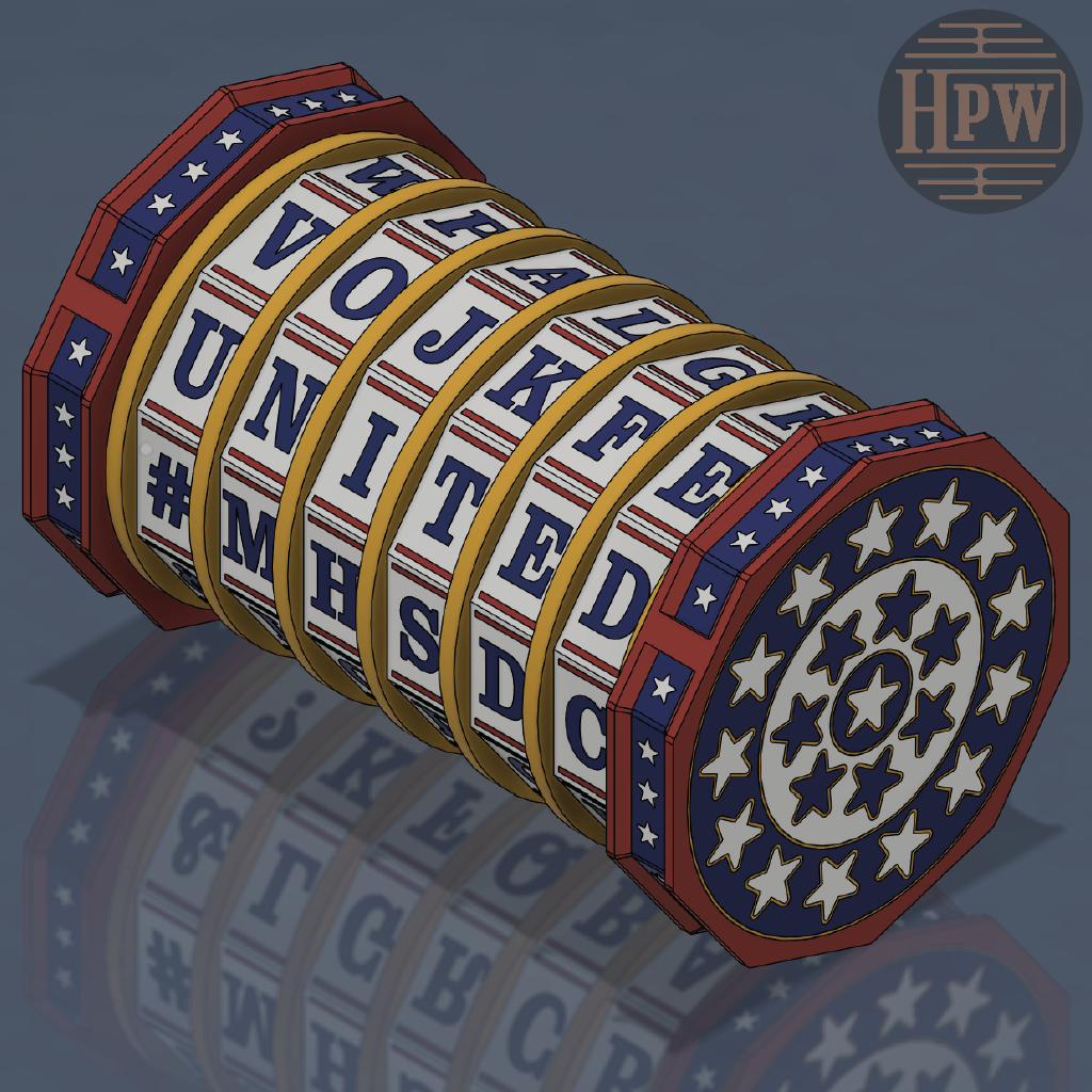 A 3D digital render of a patriotic-themed slot machine or roulette wheel toy, featuring red, white, and blue segments with stars and stripes, and gold-colored metal rings. The letters on the segments spell out 'UNITED STATES'.