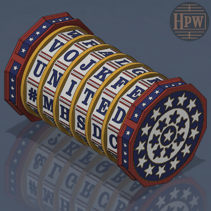 A 3D digital render of a patriotic-themed slot machine or roulette wheel toy, featuring red, white, and blue segments with stars and stripes, and gold-colored metal rings. The letters on the segments spell out 'UNITED STATES'.