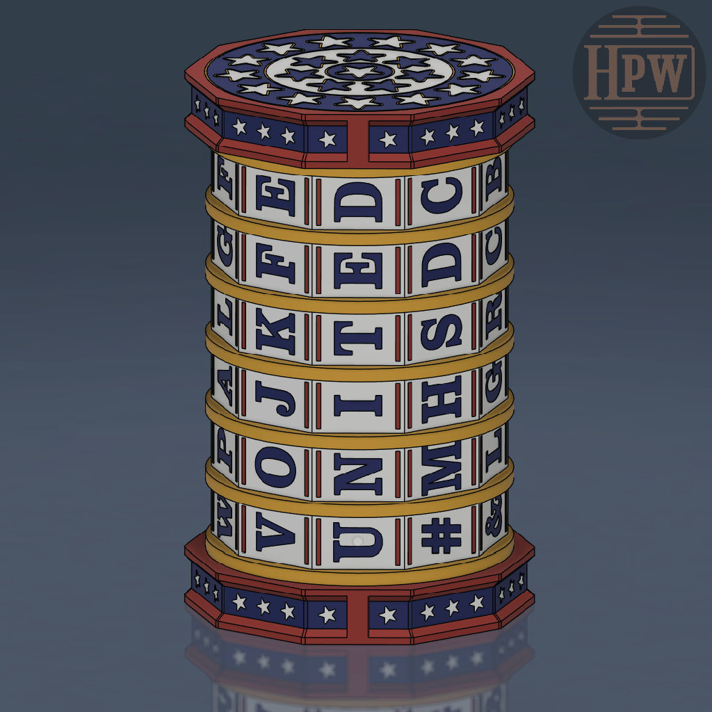 A stylized 3D render of a stacked cylindrical object resembling a coin or decorative cylinder, with red, white, and blue bands and white stars. The sides show large blue letters on a white background, and the top and bottom caps have red, white, and blue star patterns.