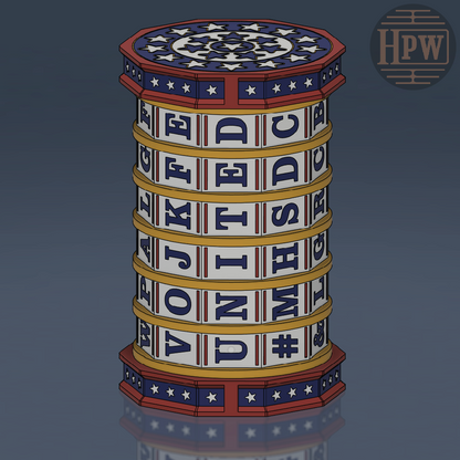 A stylized 3D render of a stacked cylindrical object resembling a coin or decorative cylinder, with red, white, and blue bands and white stars. The sides show large blue letters on a white background, and the top and bottom caps have red, white, and blue star patterns.
