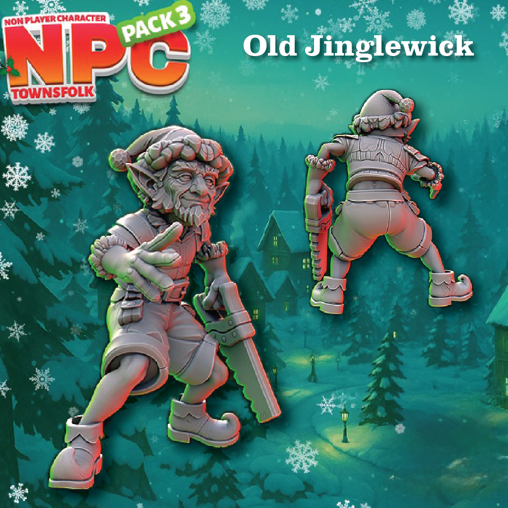 Promotional artwork for an NPC miniatures pack showing the character Old Jinglewick in two unpainted gray plastic figure views against a snowy teal winter forest background. The top-left corner includes the text/logo 'NPC Townsfolk Pack 3', and 'Old Jinglewick' appears at the top-right.