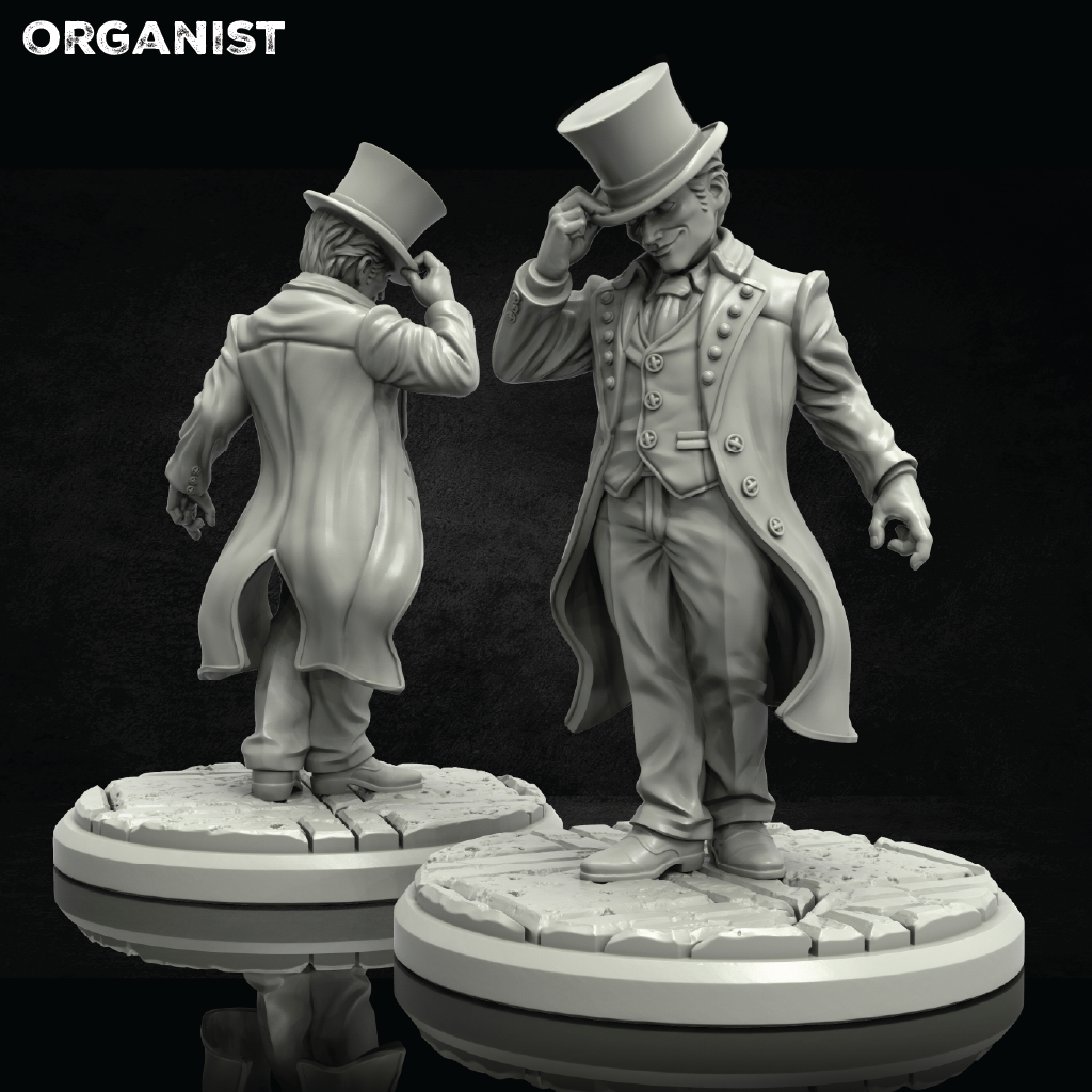 Two gray resin statues of men in formal attire with top hats on a black background.
