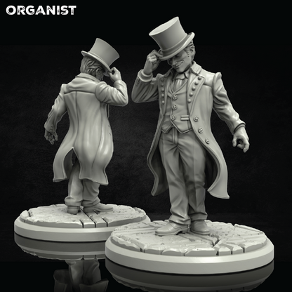 Two gray resin statues of men in formal attire with top hats on a black background.