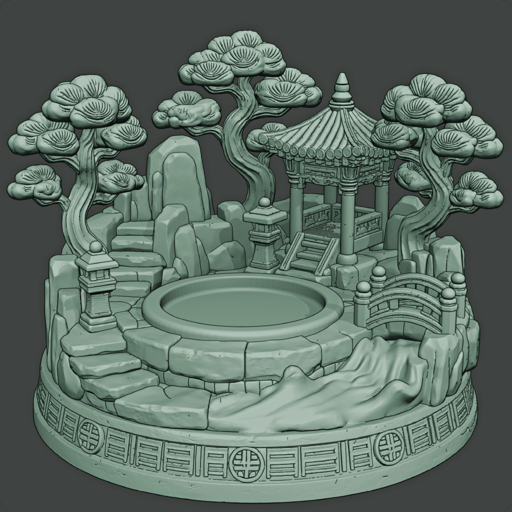 Teal ceramic garden scene with a pond, pagoda, and trees on a dark background