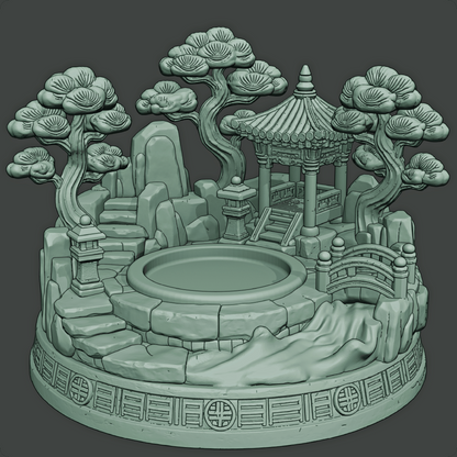 Teal ceramic garden scene with a pond, pagoda, and trees on a dark background