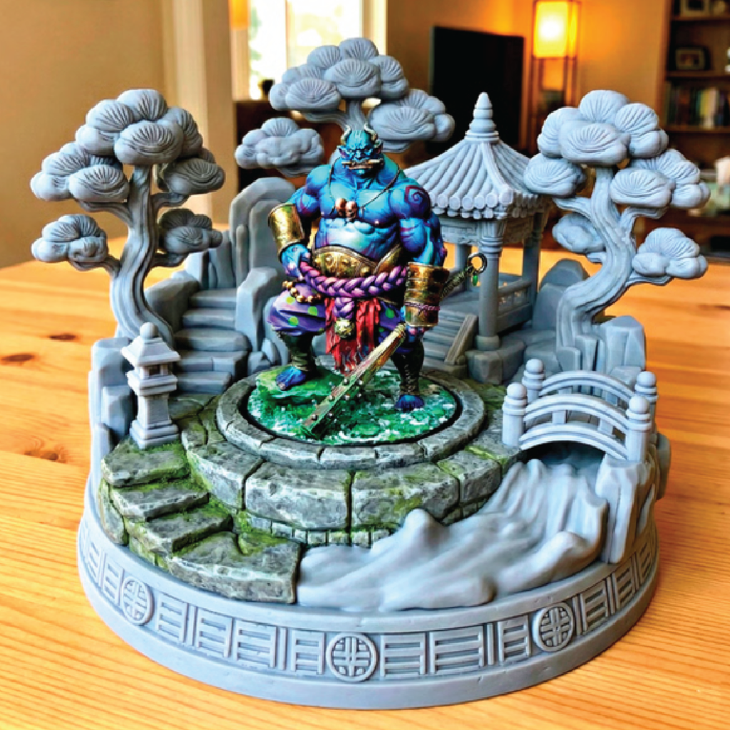 Decorative figurine of a warrior on a stone platform with trees and a bridge