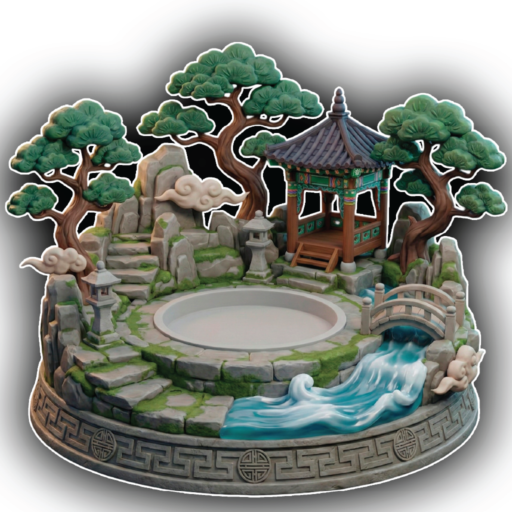Decorative model of a Japanese garden with a pagoda, trees, and water features.