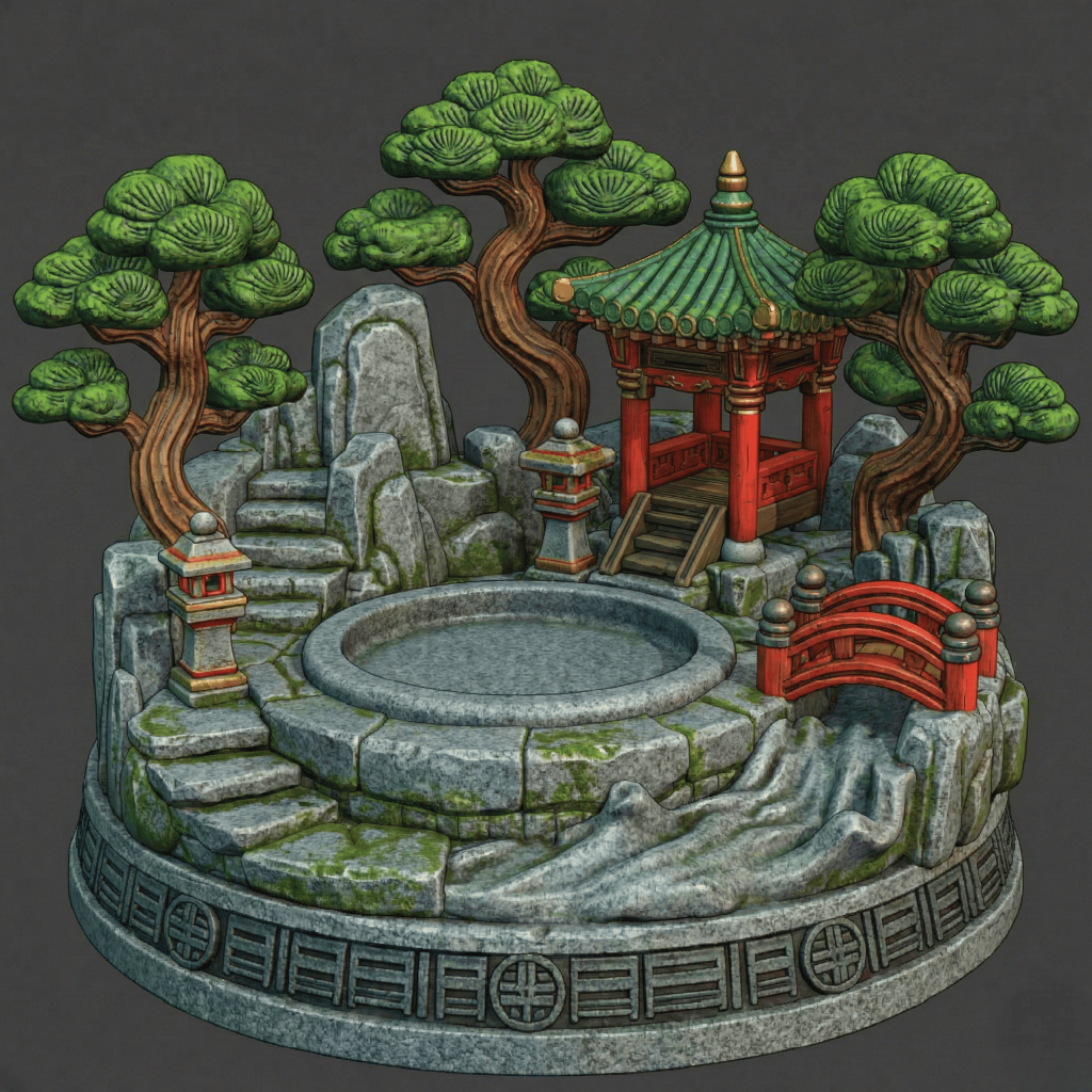 Decorative garden scene with a pagoda, bridge, and trees on a dark background