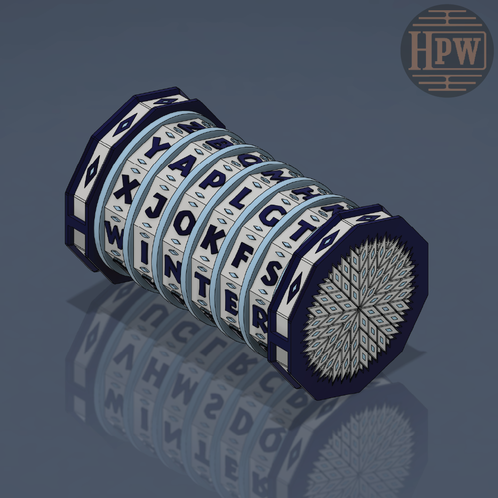 Decorative render of a puzzle box with letter patterns 