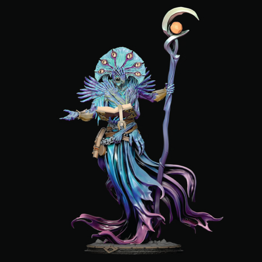 Colorful fantasy figure with a staff on a black background
